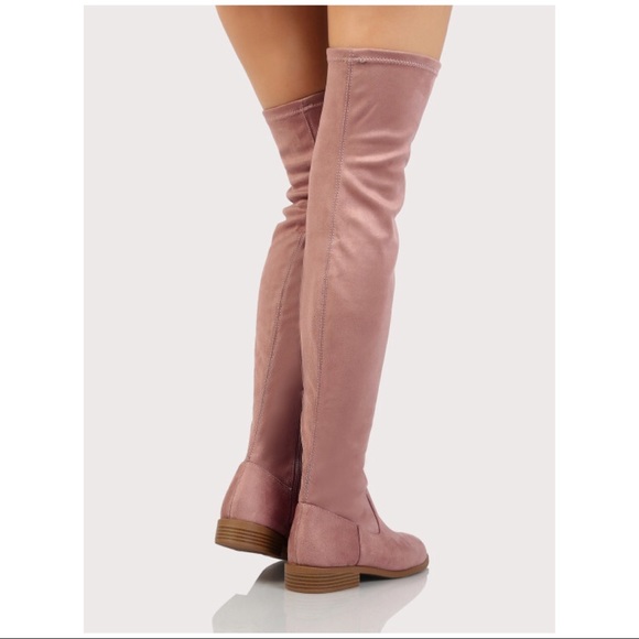 Over The Knee Low Heel Flat Pink Stretch Boot - Picture 3 of 6